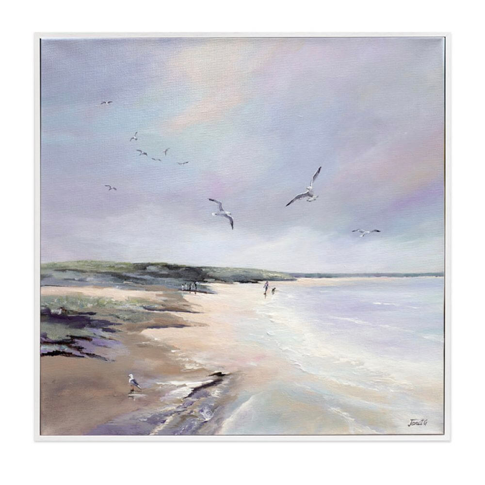Painting of a beach scene with birds and people