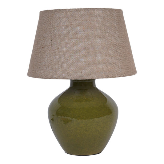 Moss Green Ceramic Table Lamp with Hessian Shade