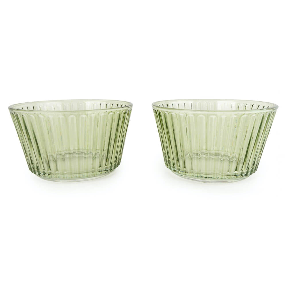 Set of 2 Green Glass Dishes on Tray