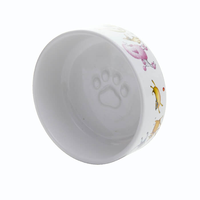 White ceramic pet bowl with decorative edge and paw print on a white background