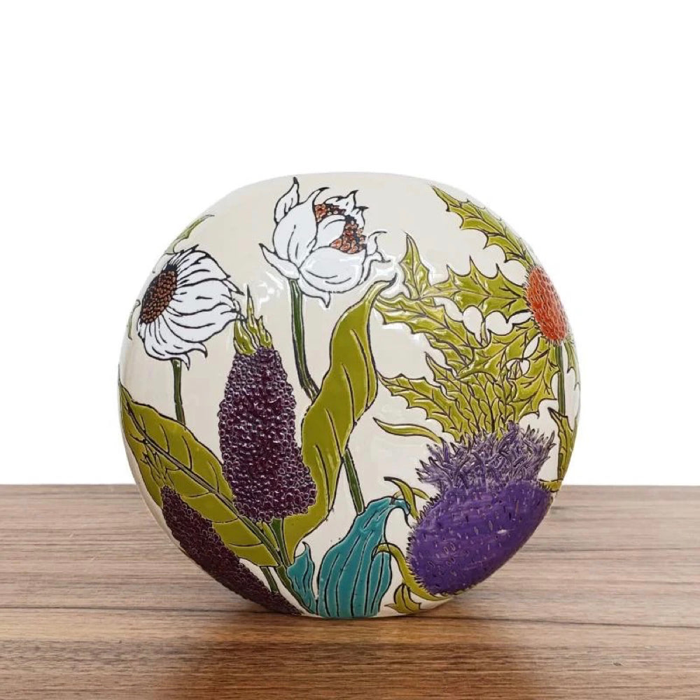 Thistlebud Vase hand-painted stoneware with green, purple, and orange thistle design for shelves or mantels