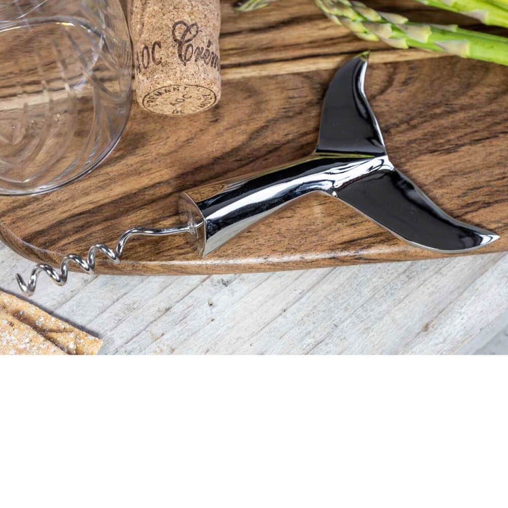 Whale tail corkscrew in bright nickel and brass, stylish functional wine opener for home bars and kitchen barware