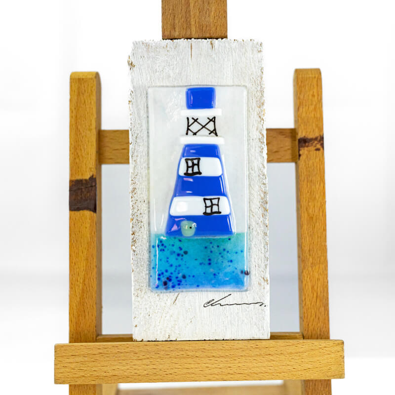 Blue Lighthouse Glass Wall Plaque | Handmade Fused Glass by Nadia Lammas | Red Lobster Gallery | Sheringham