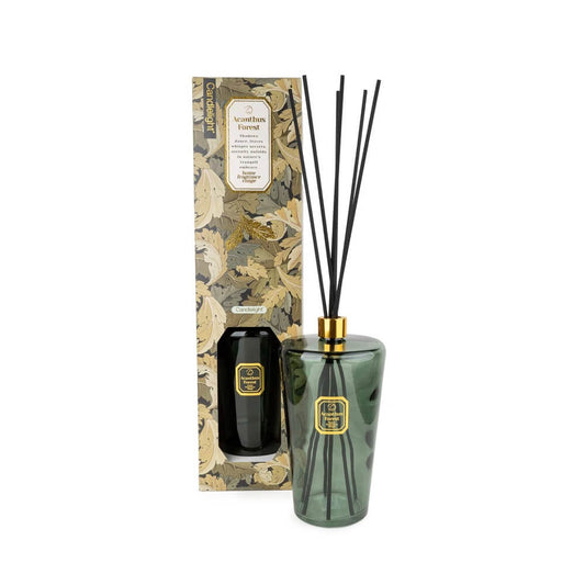 Green diffuser bottle with gold accents and decorative packaging on a white background