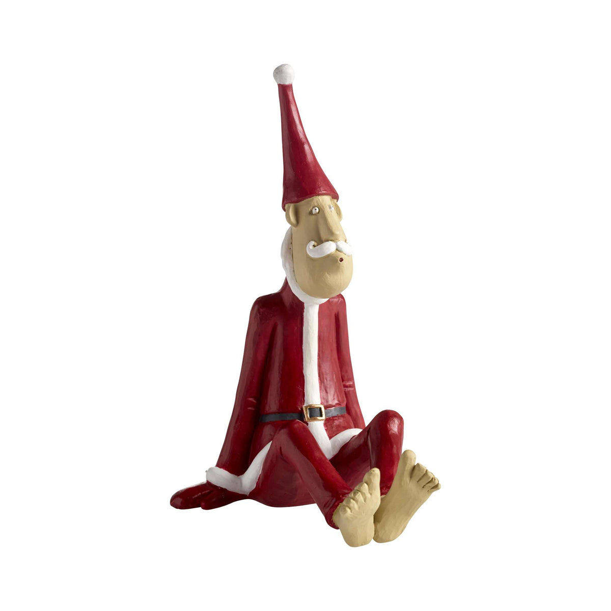 A sculpted figurine of Santa Claus in a red coat and white hat, sitting with his legs raised on a surface, likely intended as a Christmas decoration.