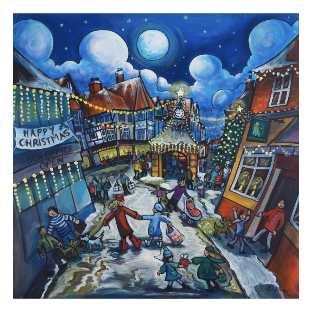 A colorful painting of a snowy village street at night under a full moon, with people walking, decorated houses, glowing window lights, and storefront signs including one that reads 'Happy Christmas Business Open'.