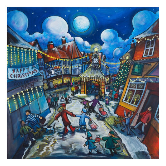 A colorful painting of a snowy village street at night under a full moon, with people walking, decorated houses, glowing window lights, and storefront signs including one that reads 'Happy Christmas Business Open'.