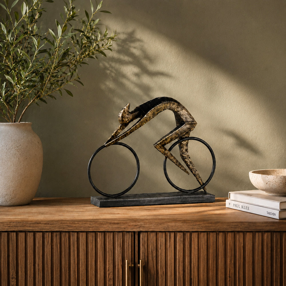 A sculptural metal bicycle with a stylized cyclist figure, displayed on a wooden cabinet in a styled interior setting with a potted plant and books.