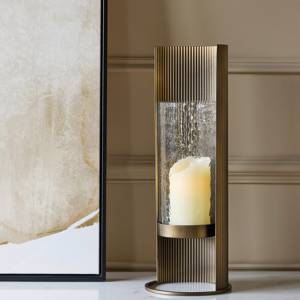 Ribbed Gold Hurricane Candle Holder