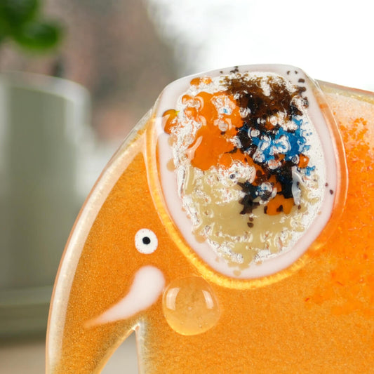 Amber Fused Glass Elephant with Trunk Down