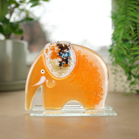 Amber Fused Glass Elephant with Trunk Down