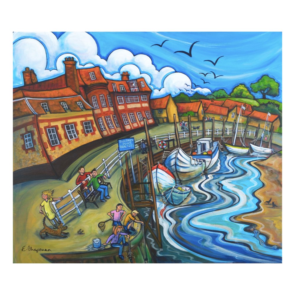 A colorful painted harbor scene with red-orange buildings, blue water, boats, clouds, birds, and people along the quay. The artwork fills most of the frame and appears to be the product itself rather than a photo of a physical object in a room.