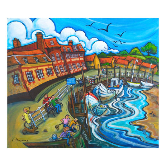 A colorful painted harbor scene with red-orange buildings, blue water, boats, clouds, birds, and people along the quay. The artwork fills most of the frame and appears to be the product itself rather than a photo of a physical object in a room.
