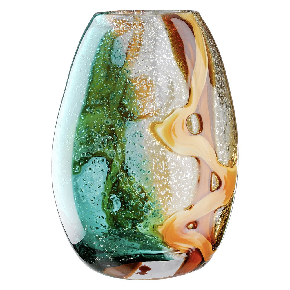 Glass vase with multicolored design on a white background