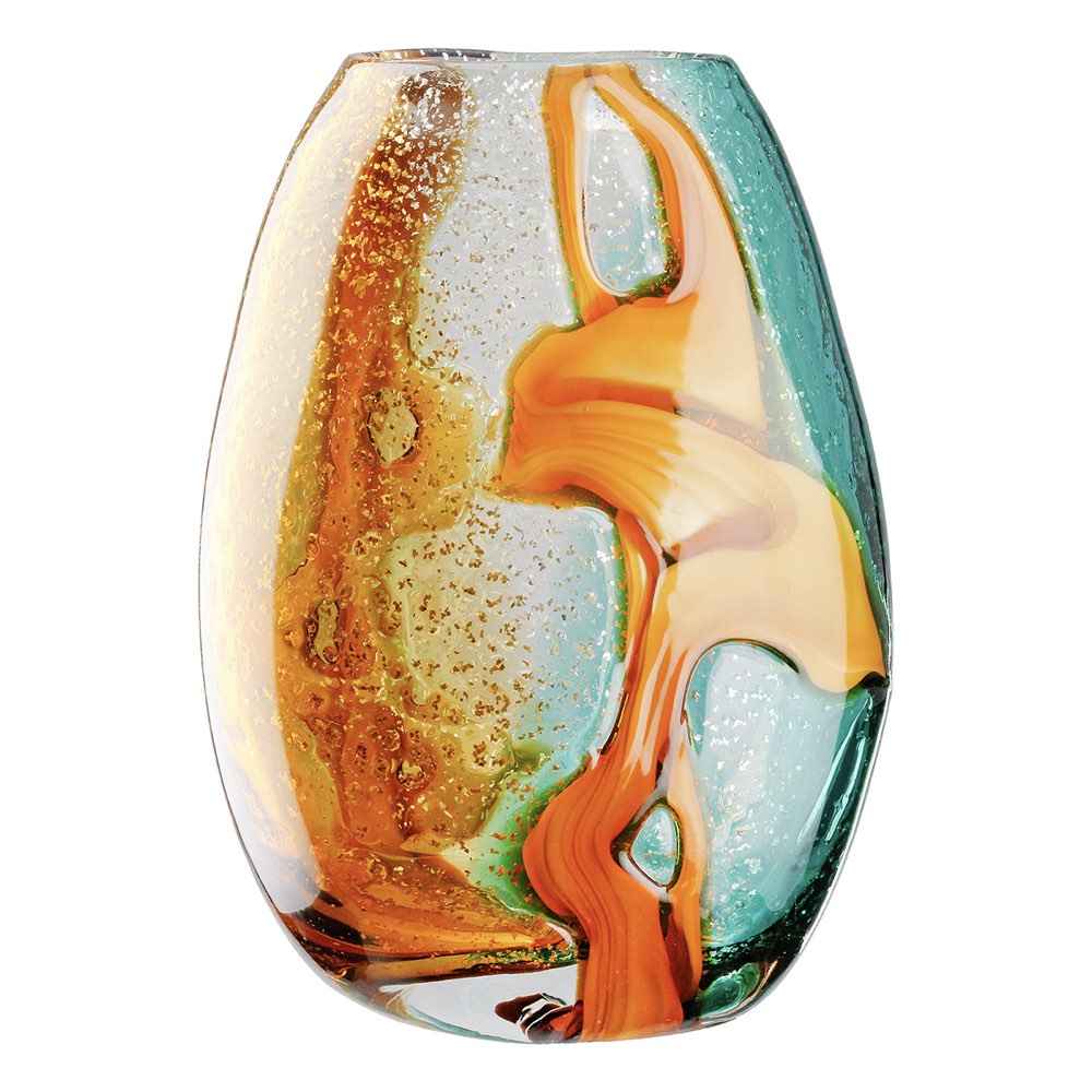 Glass vase with multicolored design on a white background