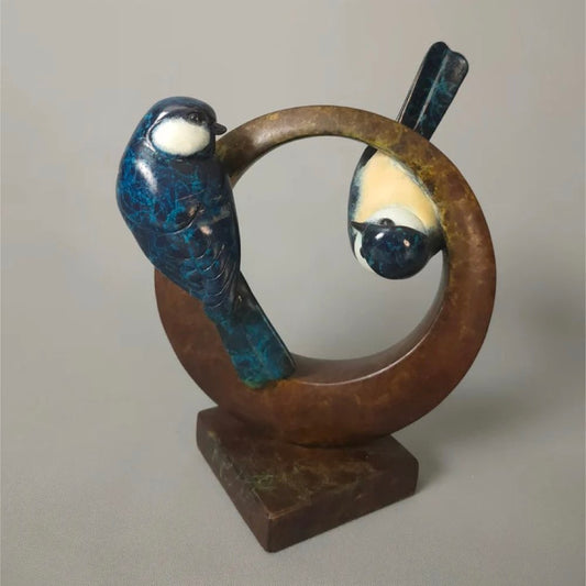 Bronze sculpture of two Blue Tits.