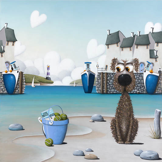 Cartoon dog on a beach with a bucket and tennis balls, houses and boats in the background