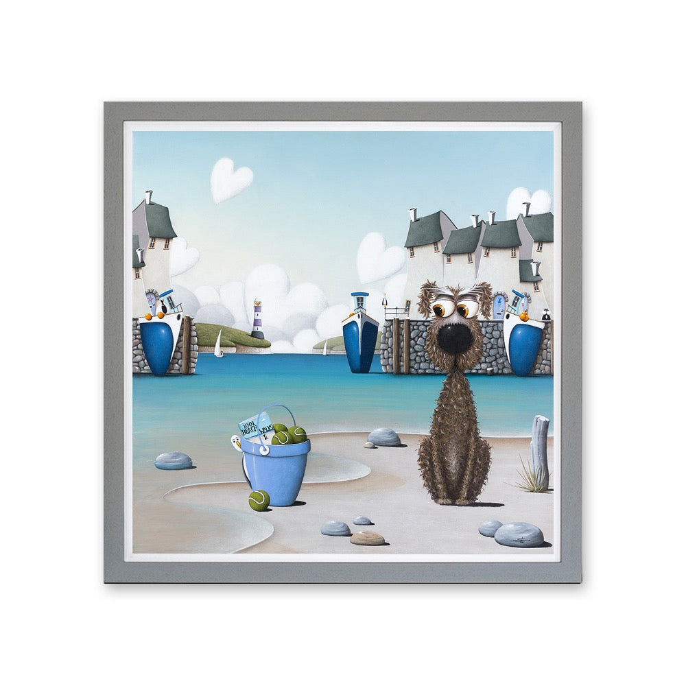 Framed artwork of a coastal scene with a dog and beach elements.