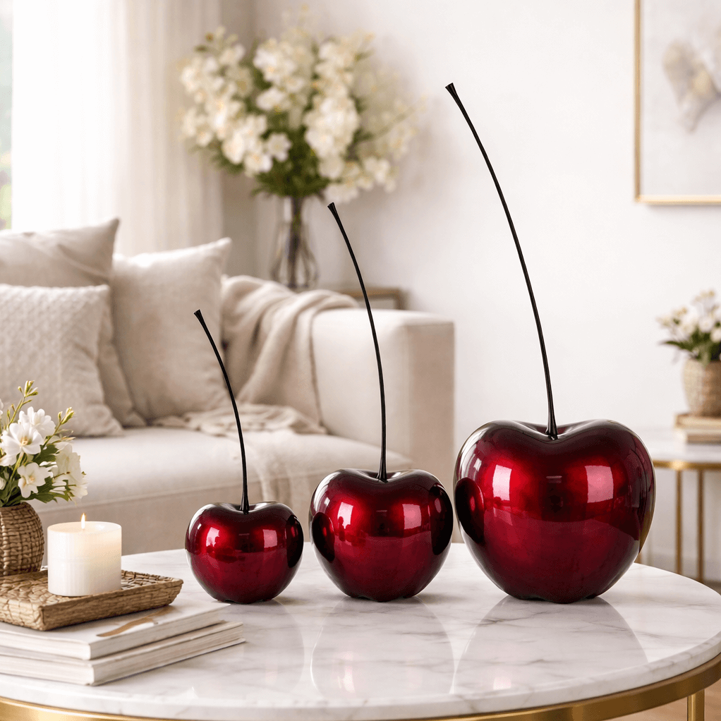 Decorative red cherries on a marble coffee table in a living room setting.