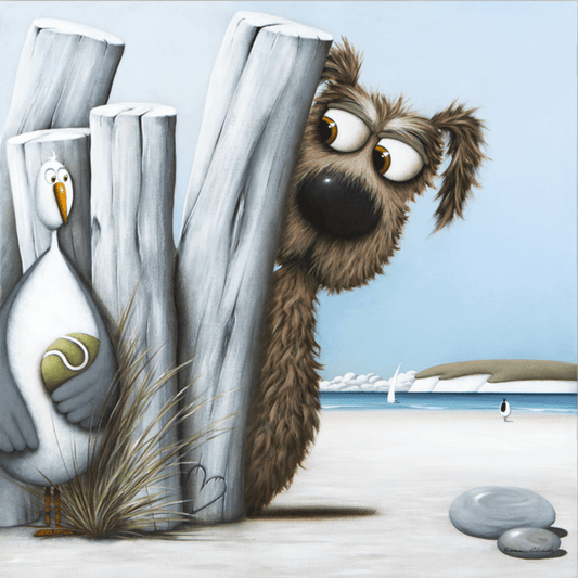 Cartoon dog peeking from behind books with a seagull on a beach