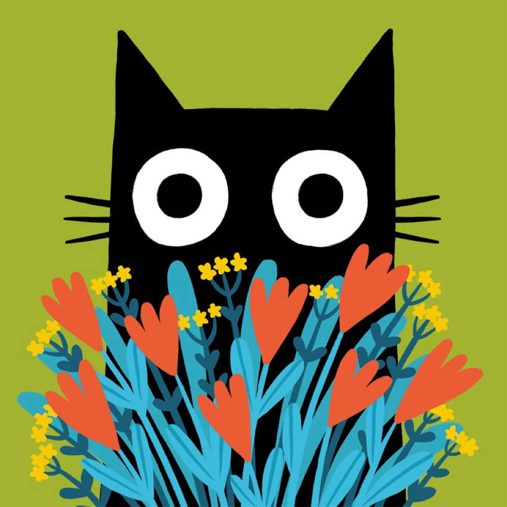 A stylized illustration of a black cat face peeking above a cluster of blue, orange, and yellow flowers on a solid olive green background.