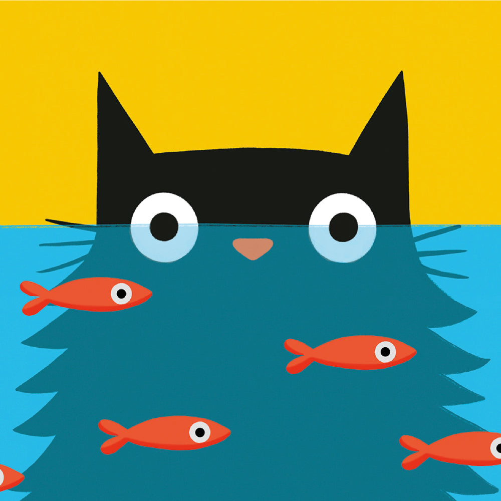 A stylized illustration of a black cat with large white eyes and a small pink nose, partially submerged in blue water with several red fish around it against a yellow background.