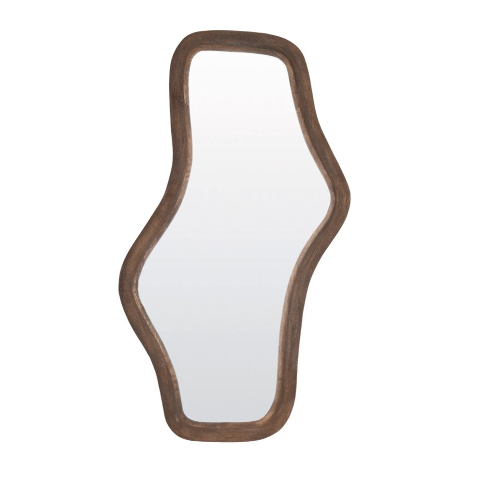 An asymmetrical wavy-top wall mirror with a dark brown wooden frame, shown against a plain white background.