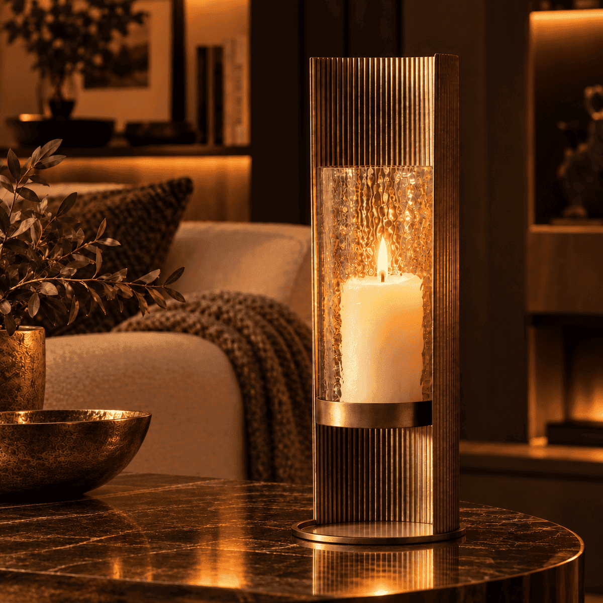 Ribbed Gold Hurricane Candle Holder