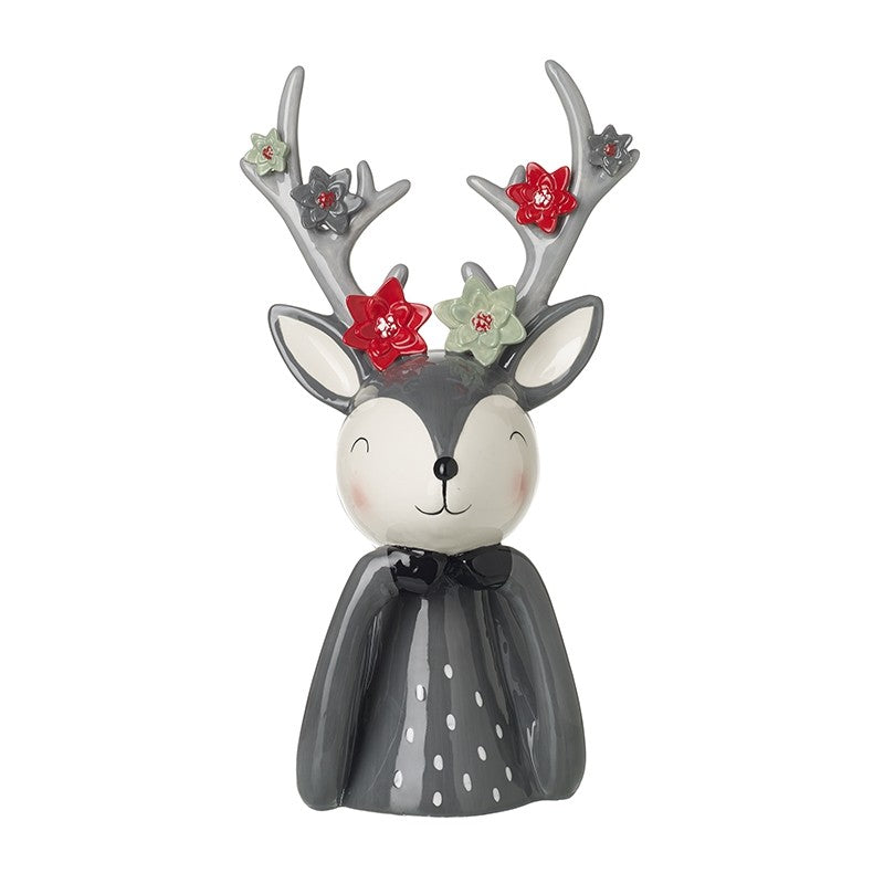 A ceramic Christmas deer figurine with gray antlers decorated with red and green flowers, a white face, and a dark gray cloak with white polka dots.