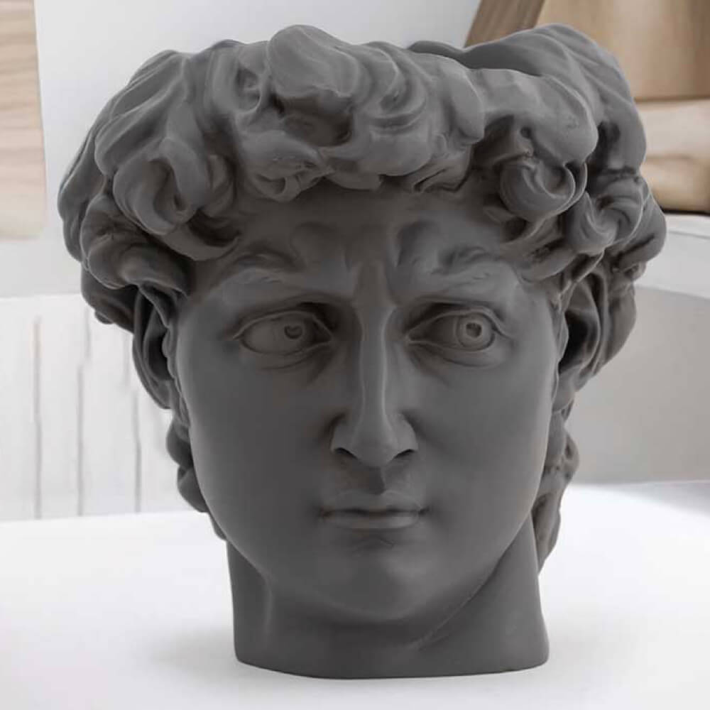 David standing sill planter in cool grey with herbs and succulents, sculptural stone-effect planter for window sills and shelves