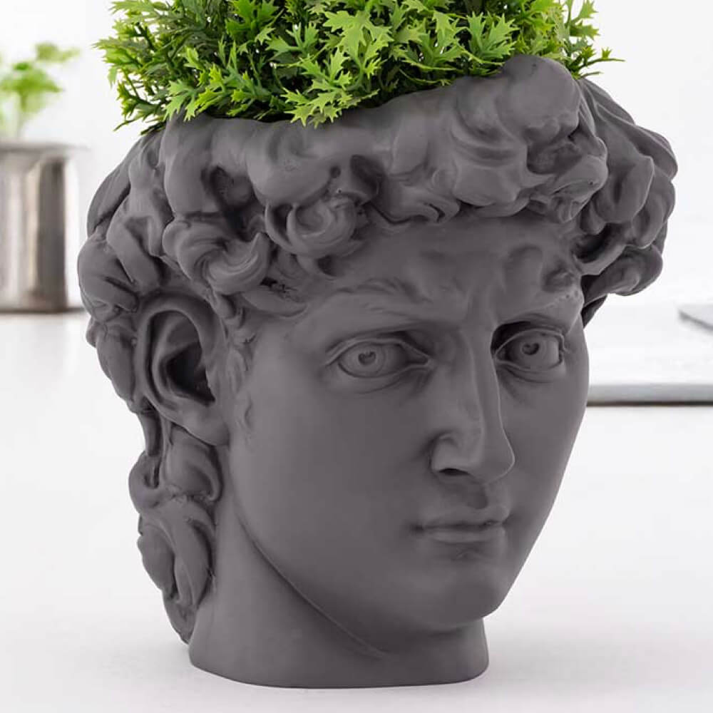 David standing sill planter in cool grey with herbs and succulents, sculptural stone-effect planter for window sills and shelves