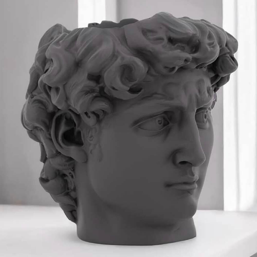 David standing sill planter in cool grey with herbs and succulents, sculptural stone-effect planter for window sills and shelves