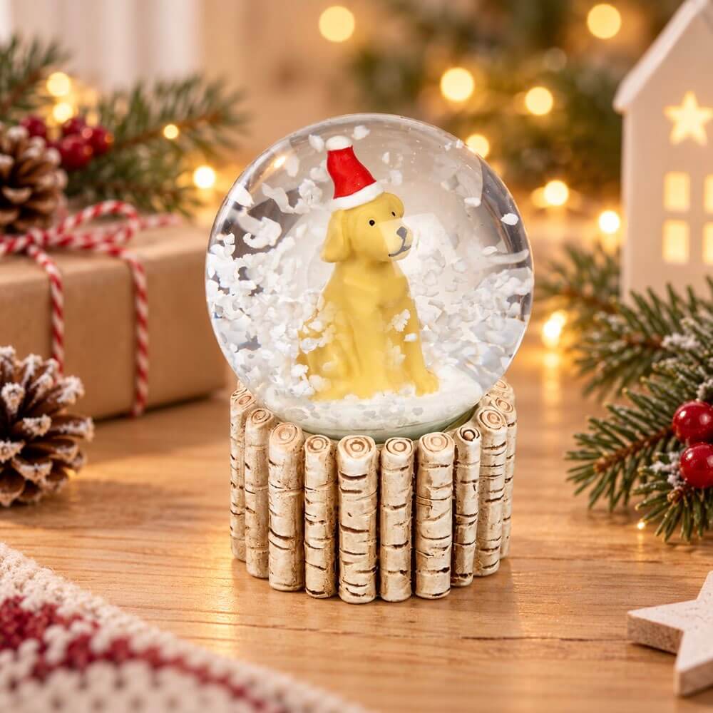A Christmas-themed snow globe figurine featuring a small yellow puppy wearing a red Santa hat, set inside a clear globe with white faux snow, mounted on a base made of stacked birch logs. The globe is displayed on a wooden table surrounded by festive holiday decorations, including pine branches, a wrapped gift, and warm bokeh lights in the background.