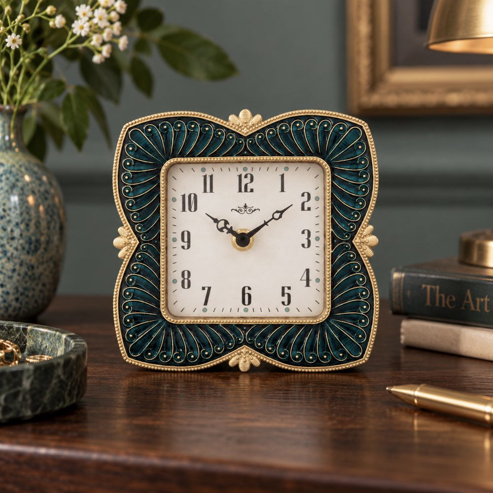 An ornate square table clock with a white face and black numerals, surrounded by a decorative teal and gold filigree frame, displayed on a dark wooden table with a vase, books, and a pen nearby.