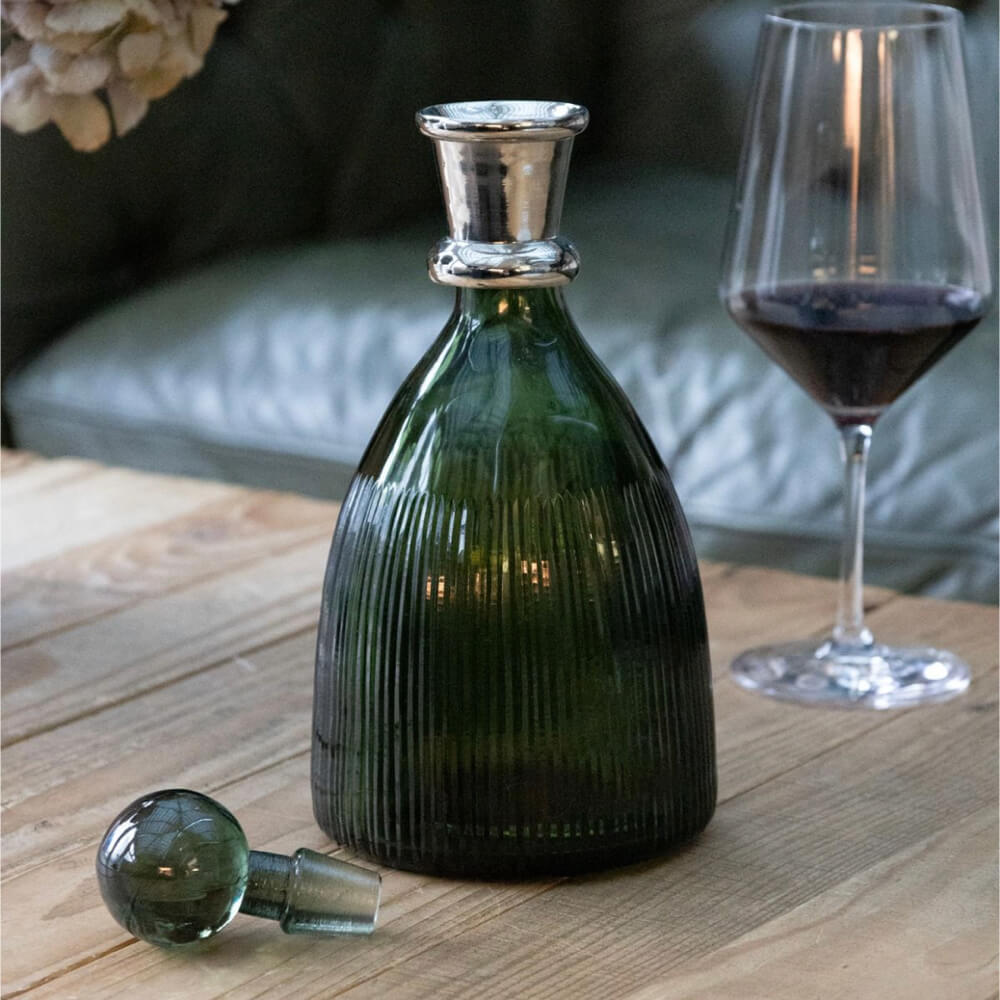 Emerald Ribbed Glass Decanter