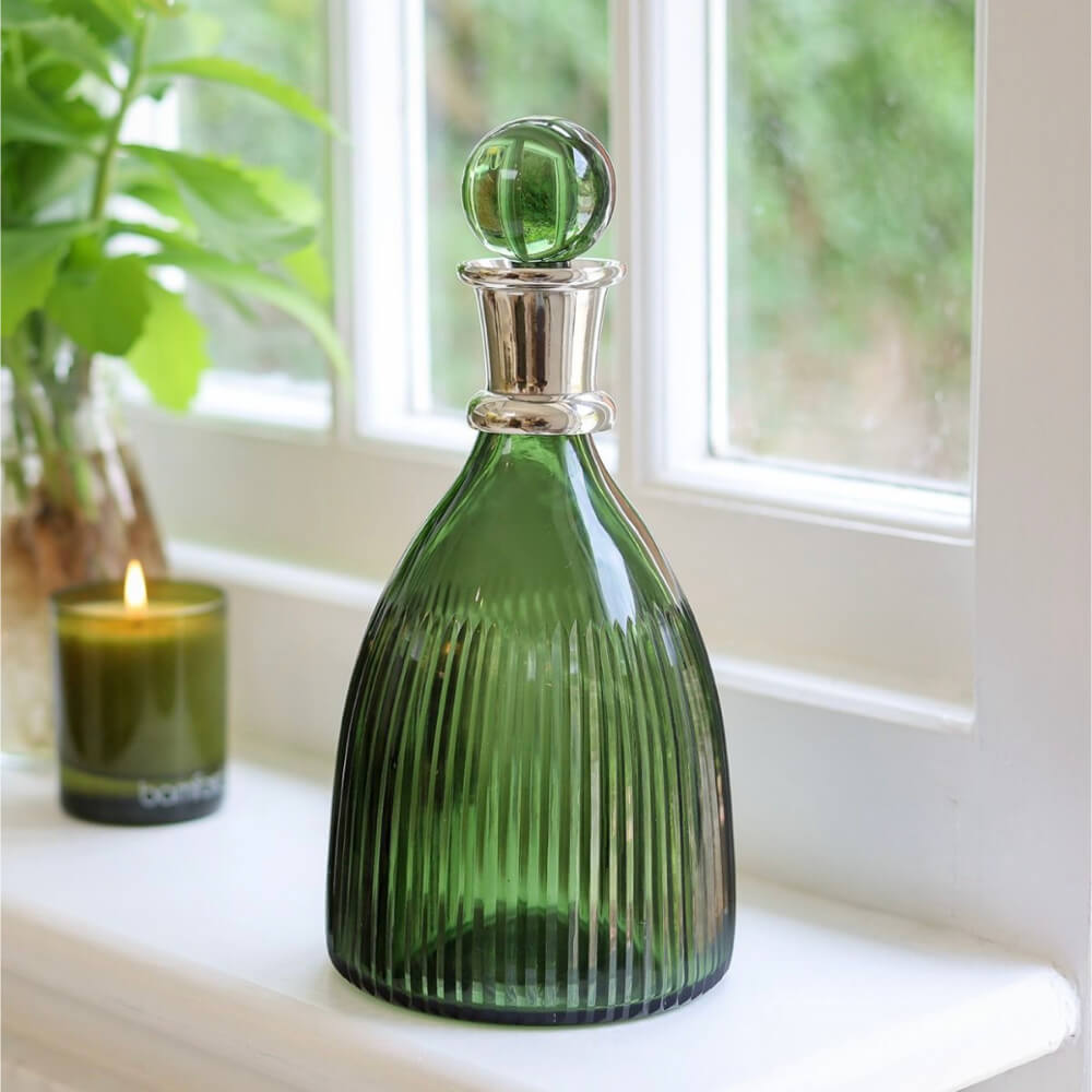Emerald Ribbed Glass Decanter