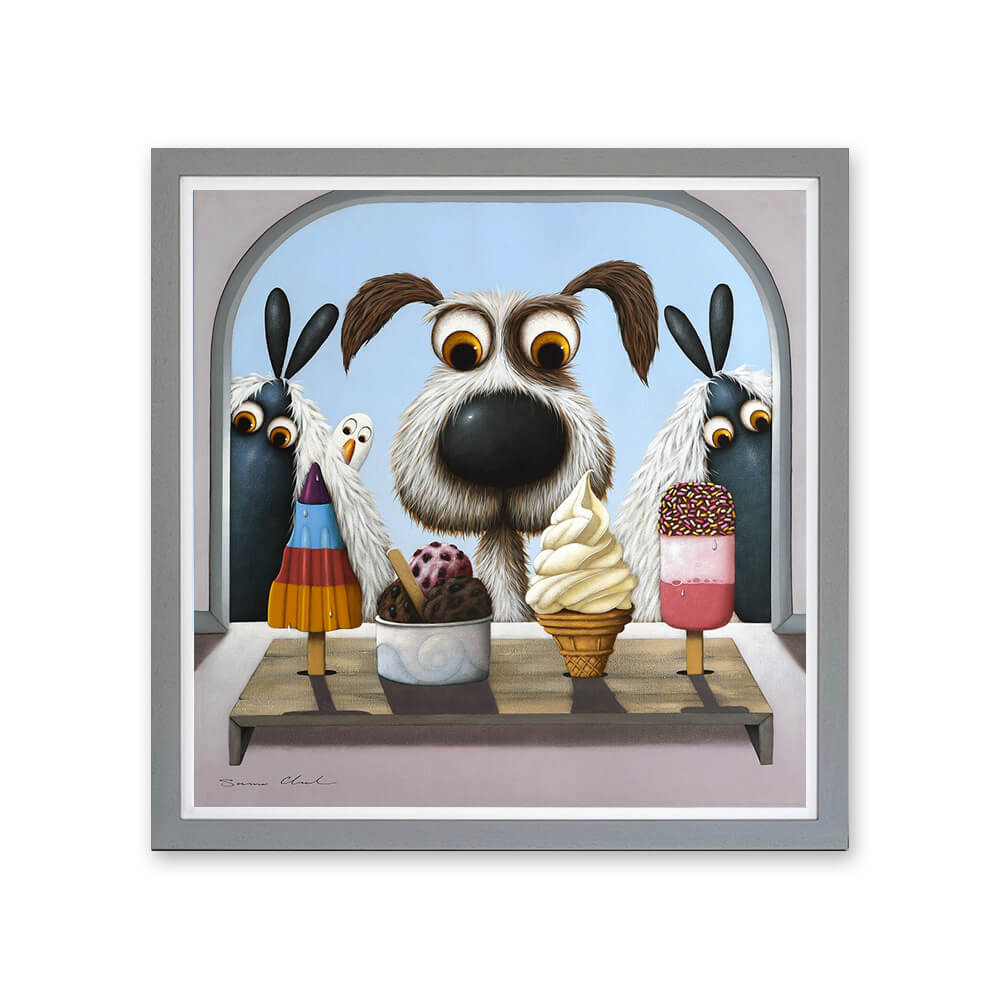 A framed print featuring an illustration of four dog-like animals with large eyes and ice cream cones in front of them, set against a grey background.