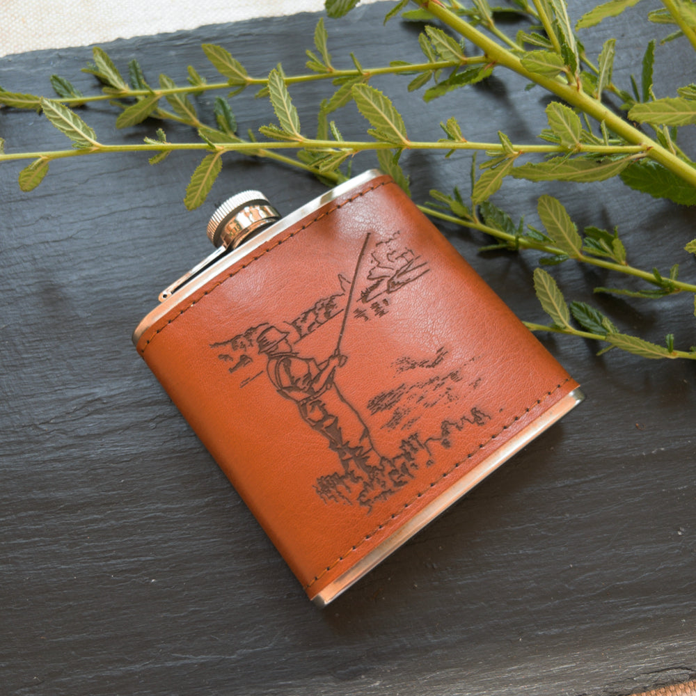 Fishing Leather Hip Flask