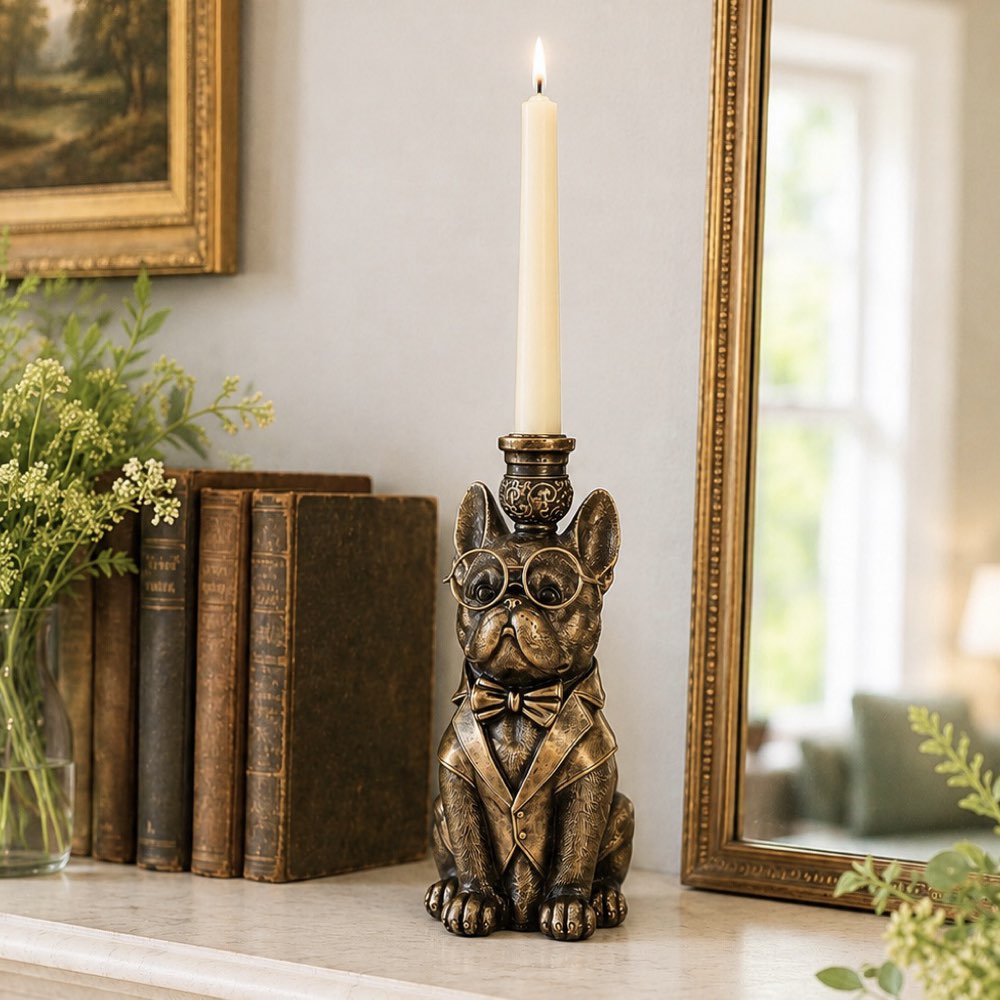 A bronze-finished French bulldog candle holder with round glasses, a bow tie, and a suit jacket, holding a lit white taper candle on a tabletop beside books and a mirror.