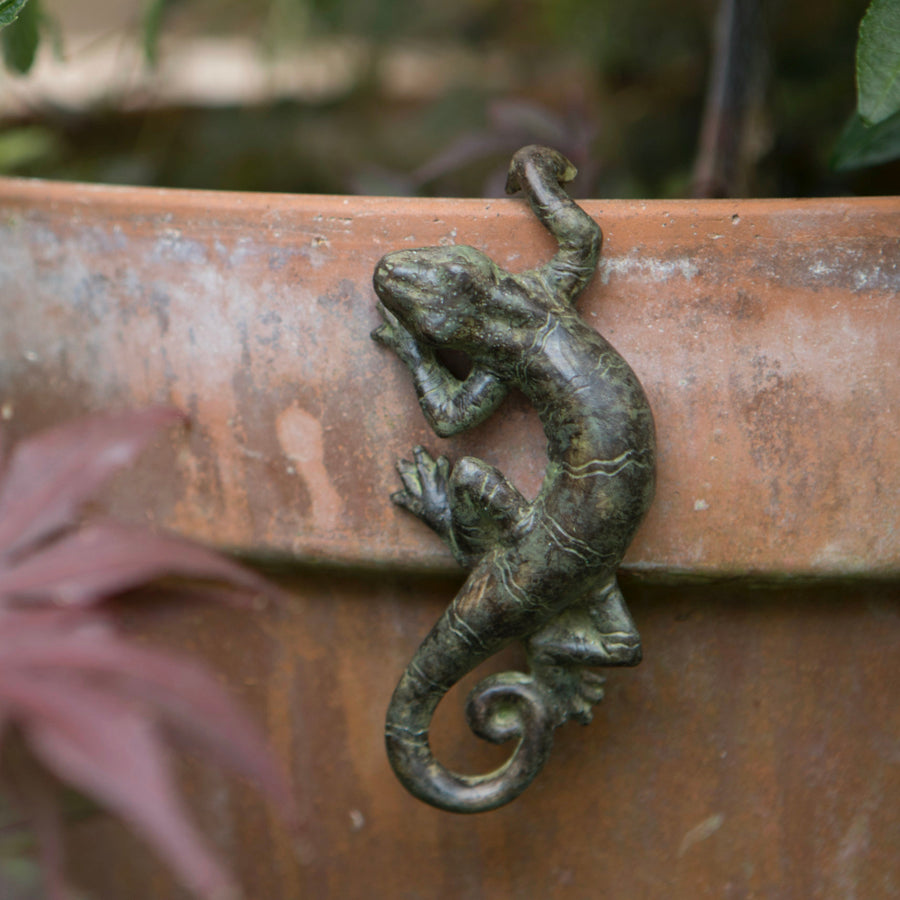 Bronze lizard sculpture on a wooden surface with blurred greenery in the background