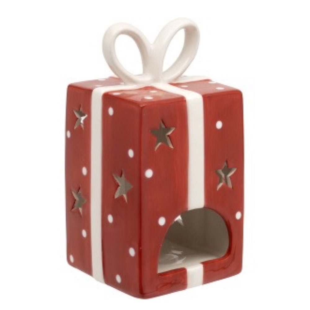 Red gift box-shaped container with stars and a white ribbon on a white background