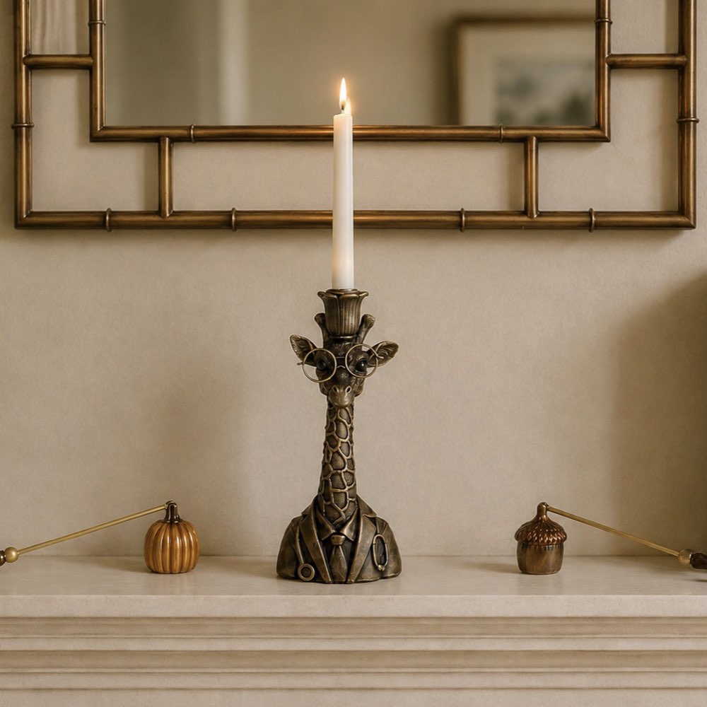 A giraffe-shaped candlestick holder with a lit white taper candle, displayed on a mantelpiece below a mirror.