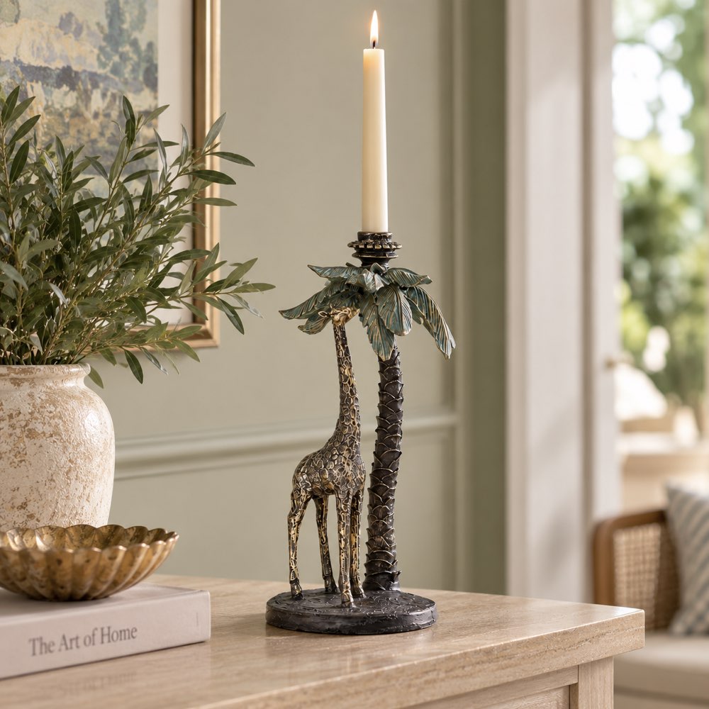 A decorative candle holder shaped like a giraffe and palm tree, holding a lit white taper candle, displayed on a light wood console table in a styled interior setting.