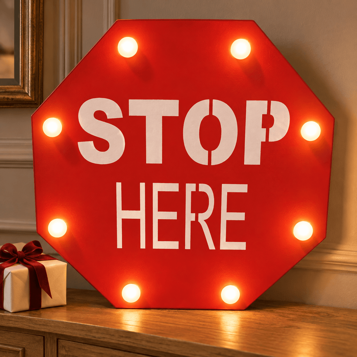 Santa Stop Here | Light-Up Christmas Sign