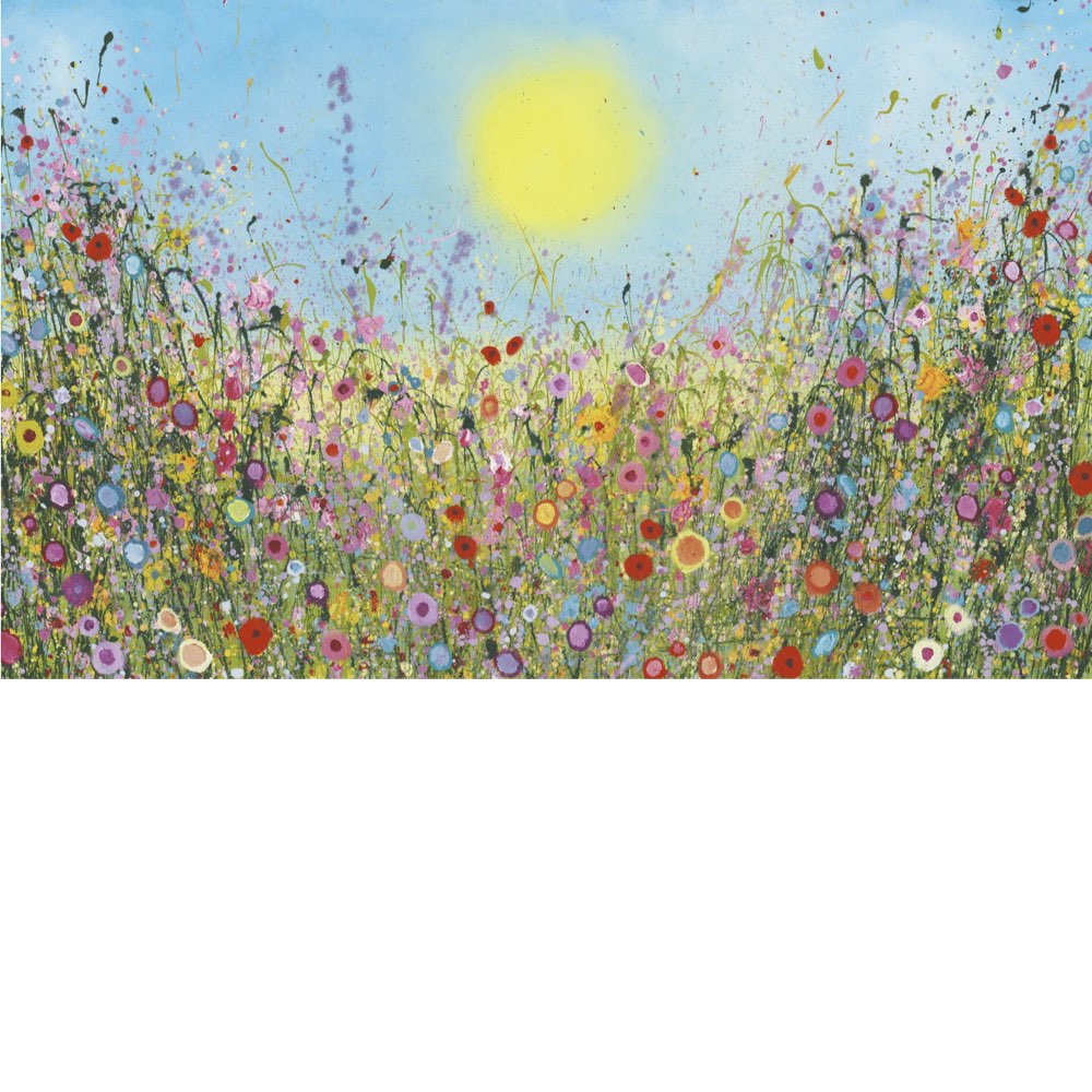 Colorful field of flowers with a bright sun in the sky
