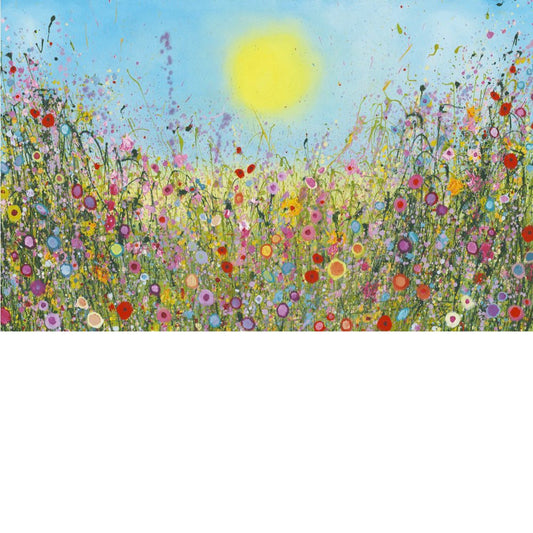 Colorful field of flowers with a bright sun in the sky