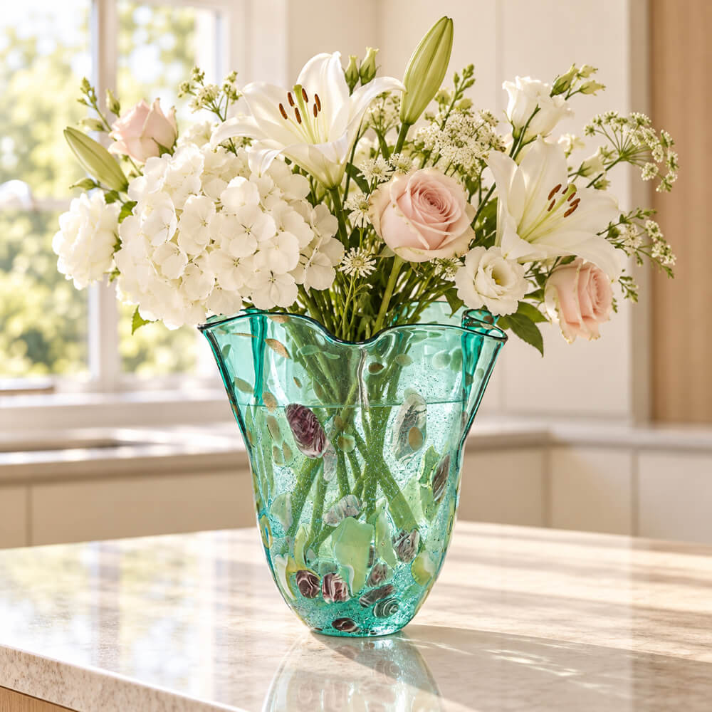 A vibrant turquoise green glass vase filled with a fresh bouquet of white lilies, white hydrangeas, pink roses, and green foliage, displayed on a light marble countertop in a bright kitchen setting.
