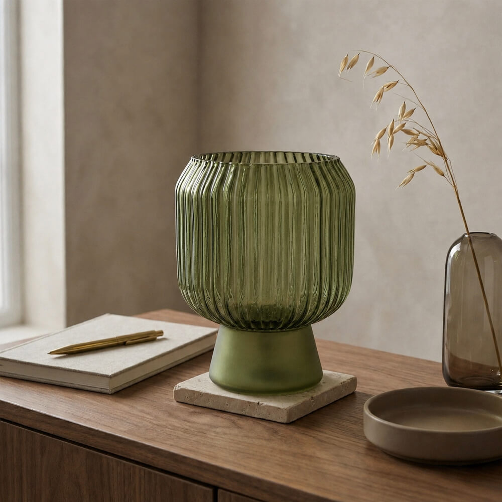 A ribbed translucent green glass lamp with a flared base, displayed on a wooden table in a styled interior setting next to a notebook, pen, and dried grass in a clear glass bottle.