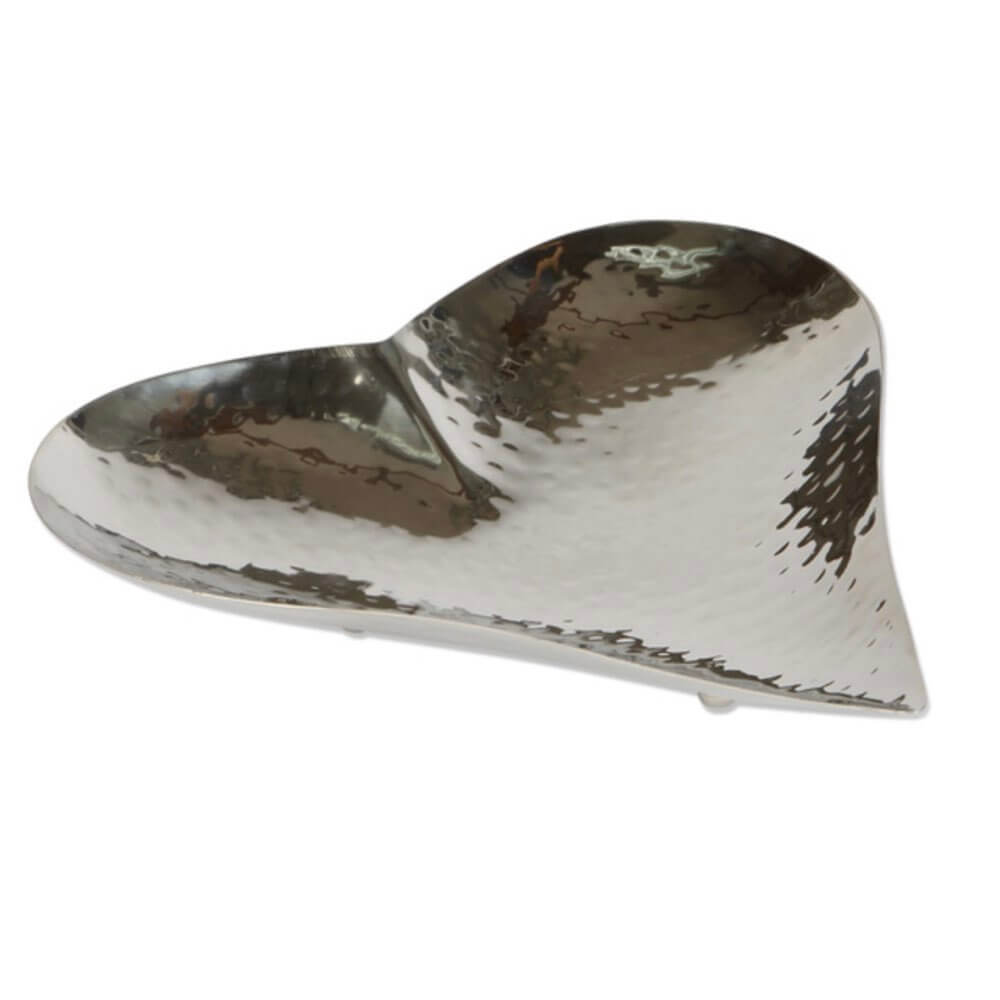 Heart-shaped silver dish on a white background