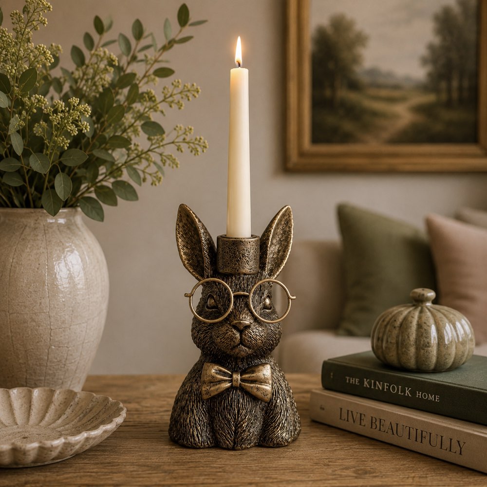 A decorative hare-shaped candle holder with a lit white candle, styled on a wooden table in a cosy living room setting with a vase, framed art, and books.